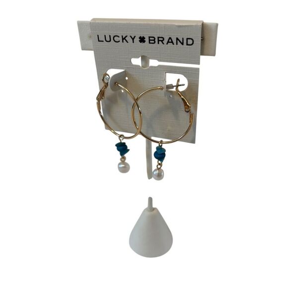 Faux Turquoise & Pearl Goldtone Hoops. Perfect for Summer. - Picture 3 of 5